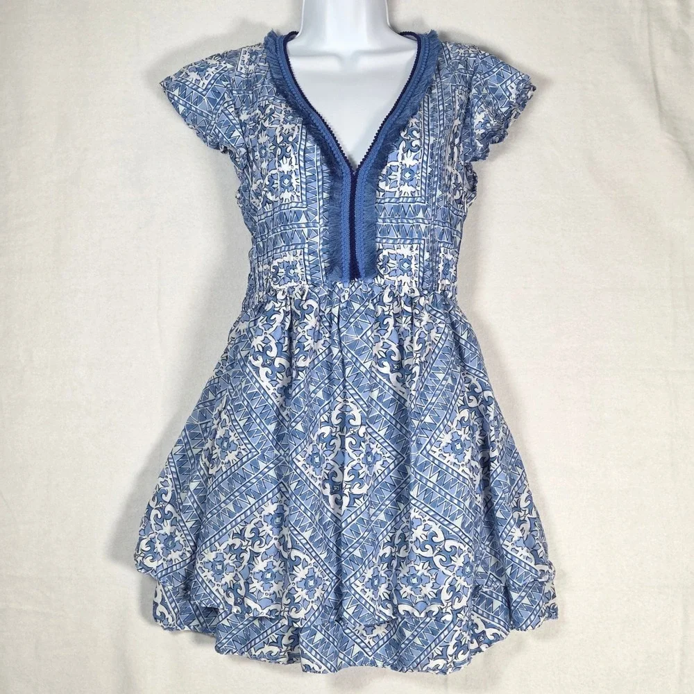 Vineyard Vines Women Small Fit‎ Cay Scarf Print Pintuck Dress White Blue Coastal
